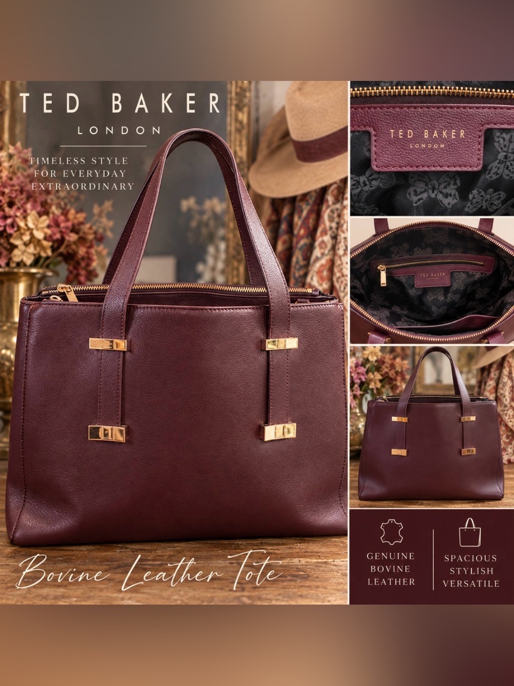 Ted Baker London -Bovine Leather- Burgundy Tote with Gold-Tone Hardware